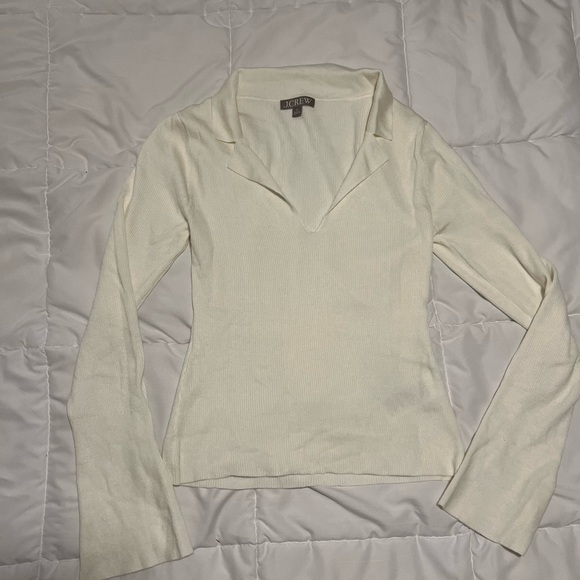 J. Crew Tops - J. Crew Off-White Ribbed Collared V-Neck Long Sleeve Top